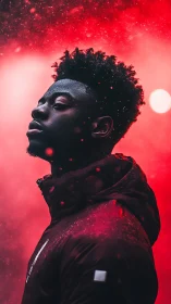 Moody portrait in glowing red mist and softly drifting light.