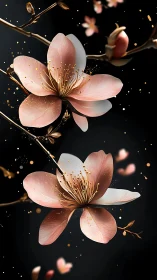 Ethereal Pink Blossoms on Golden Branches Against Dark Background.