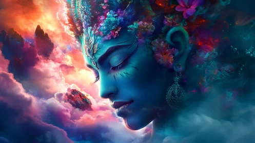 Celestial blue goddess amid iridescent nebula cloudscape