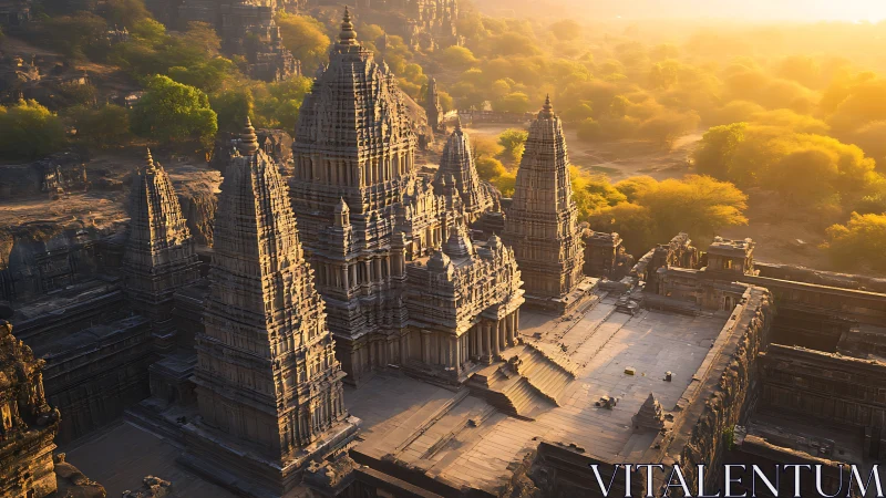 Ancient stone temple complex in golden sunset light view.