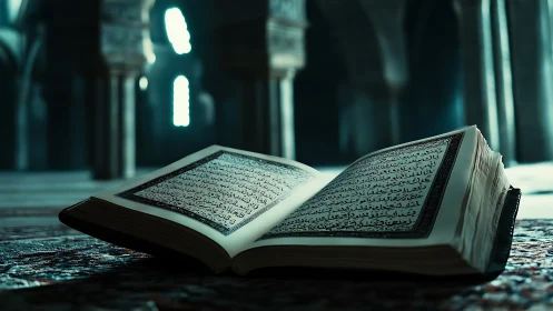 Whispered Verses Under Blue Mosque Light, Pages Aglow.