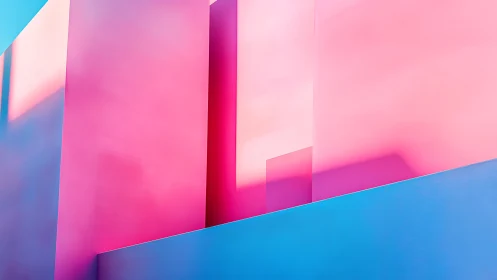 Geometric pastel blocks glow in soft pink and blue gradients.