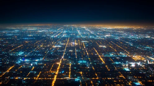 Cyberpunk aerial gridscape with luminous urban horizon lines.