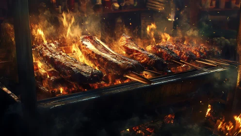 Embers kiss barbecue ribs in a roaring night-fire symphony.