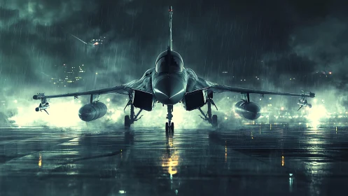 Military jet on wet runway at night in heavy rain.