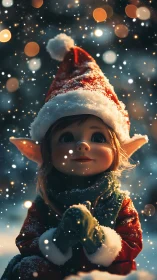 Christmas elf child gazes upward under softly falling snow