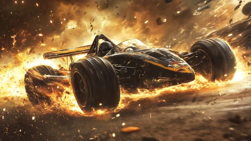 Futuristic race car drifts through incendiary debris field