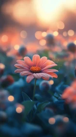 Soft coral daisy glows gently against a dreamy dusk bokeh