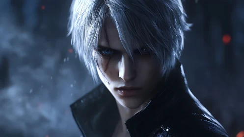 White haired male character in dark atmospheric setting.