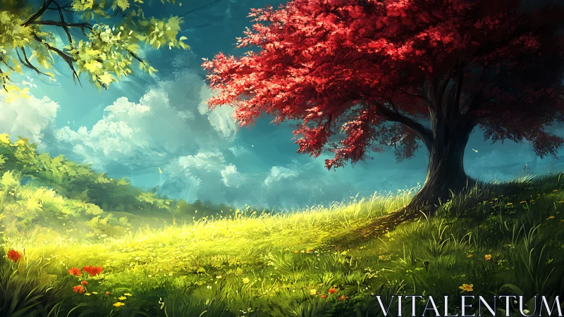 Crimson crowned tree overlooking luminous spring meadow.