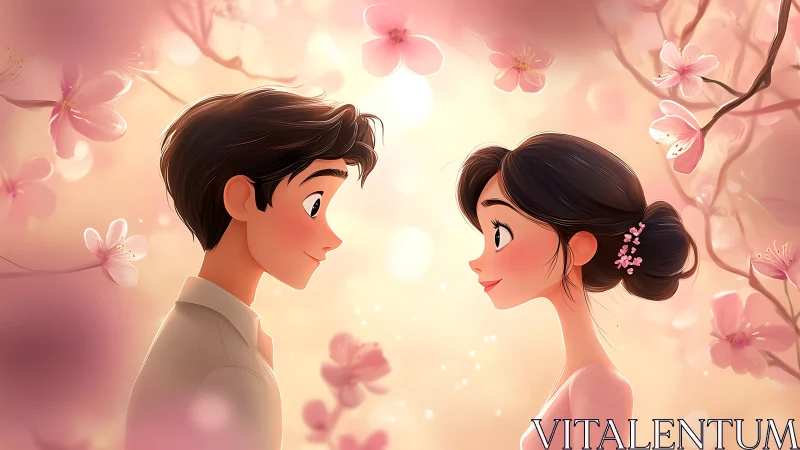 Two Hearts Bloom Where Blossoms Drift in Warmth.