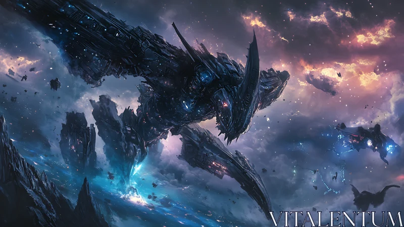 Colossal alien warship over fractured exoplanet horizon.