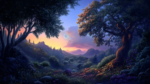 Twilight Forest Portal: Mystical Mountain Valley at Dusk.