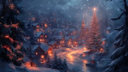 Cozy winter village wrapped in glowing holiday lights at night.