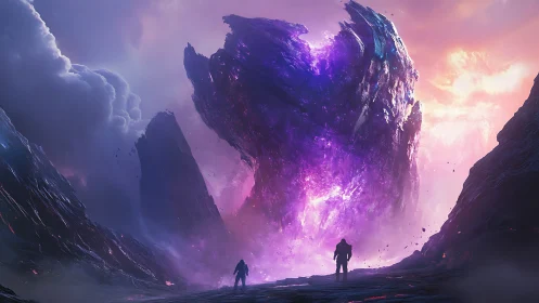Colossal violet monolith towers above explorers at dawn