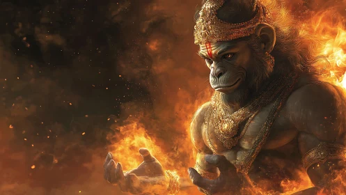 Fire-wreathed monkey god studies molten power in his hands