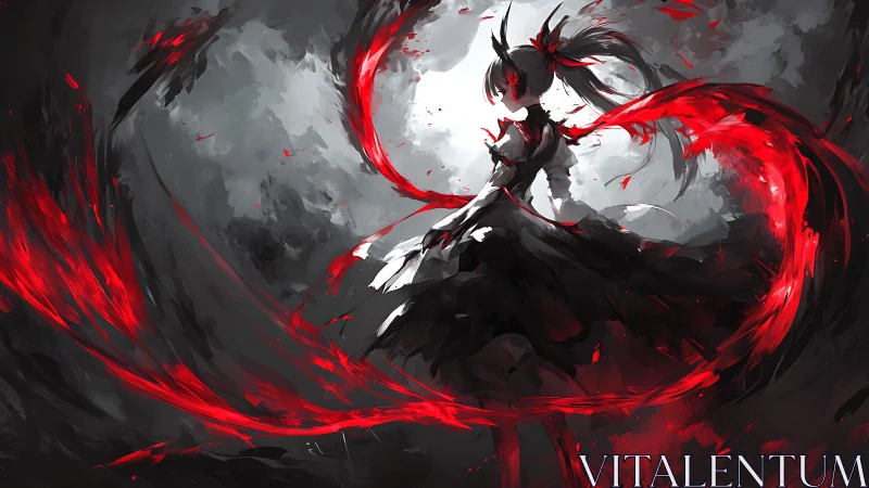 Crimson storm dancer circling a moonlit shadowed hero.