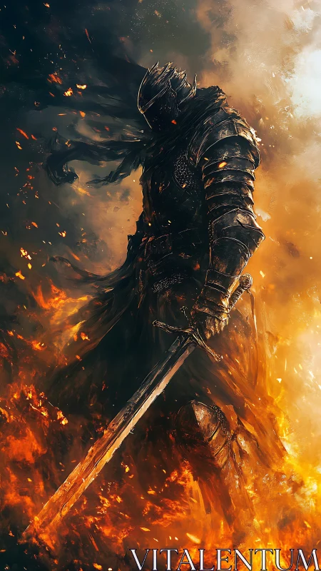 Armored flameswept knight emerges from infernal battlefield