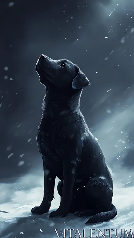 Digital painting of black dog in moonlit snow chiaroscuro scene.