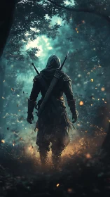 Hooded ranger with dual swords in volumetric forest light