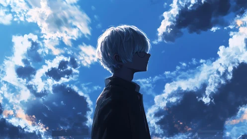 Backlit anime profile silhouette under cumuliform evening sky