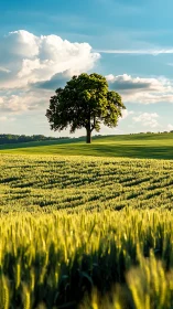 Solitary tree over sunlit wheat field under sculpted clouds.