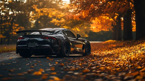Black sports car parked on autumn leaf covered forest road.