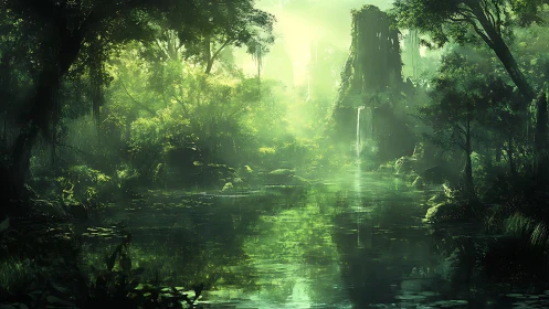 Luminescent Forest Sanctuary with Waterway and Ancient Tower.