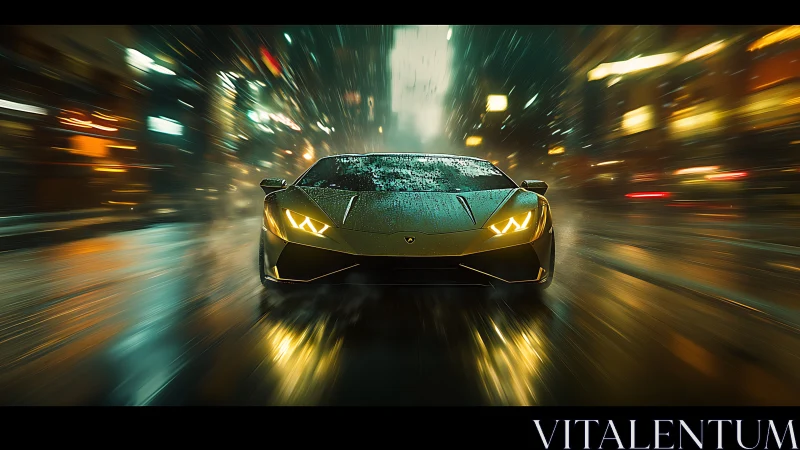 Sports coupe on wet city street with forward motion blur.