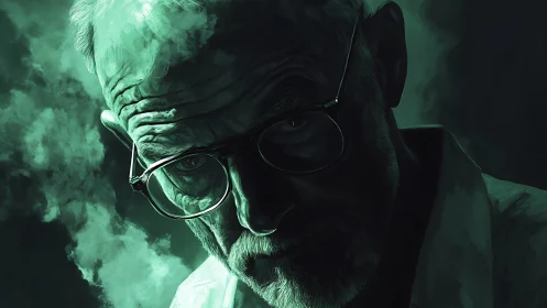 Older man in glasses emerges from dark green smoke