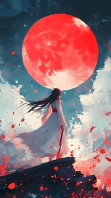 Scarlet moon goddess standing amid swirling crimson petals.