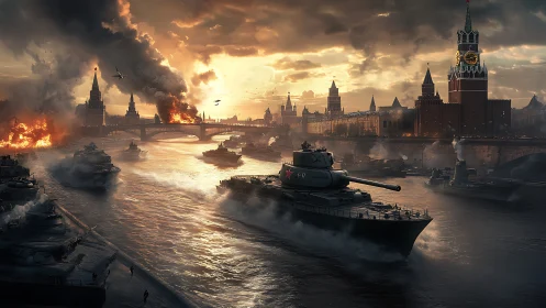 Warships and tanks advancing on river through burning city.