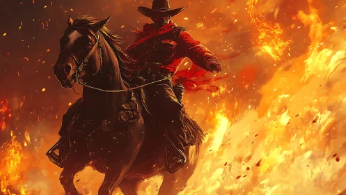 Horse-mounted figure advancing through dense firestorm scene.