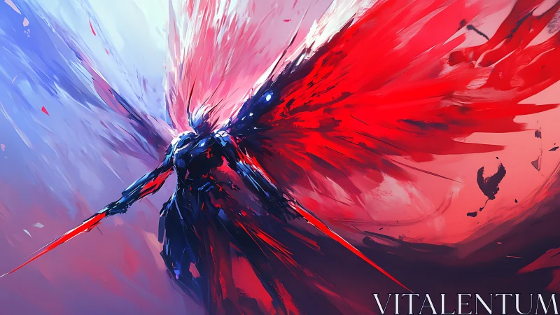 Celestial cyber warrior with radiant red energy wings.