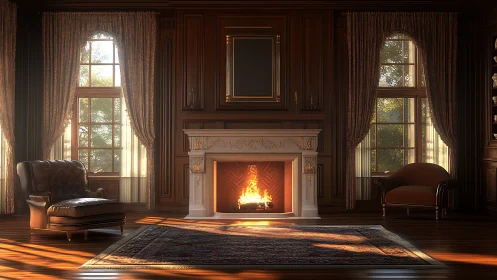 Luxurious neoclassical lounge with sunlit fireplace composition