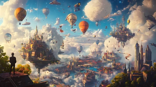 Dreamlike floating cities drift among clouds and balloons