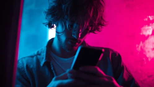 Moody smartphone user in split neon cyan magenta side lighting study
