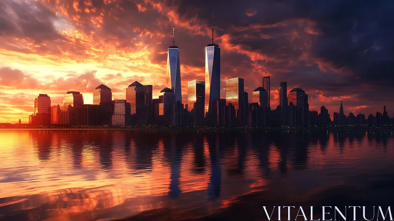 Urban waterfront skyline under dense sunset cloud cover.