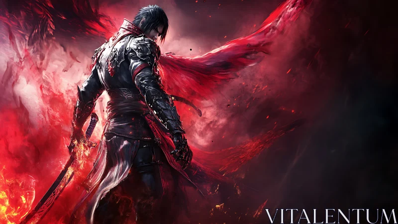 Blade-torn phoenix warrior rises in a storm of scarlet fire.