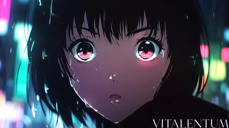 Rainlit anime girl gazes into neon soaked night streets