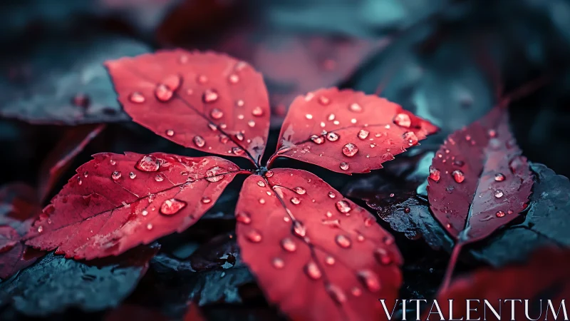 Macro study of red wet leaves with raindrops and teal bokeh.