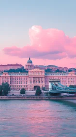 Riverside city palace under pastel pink sky at dusk.