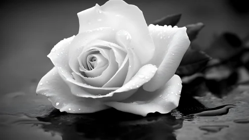 White rose close-up with water droplets in soft focus.