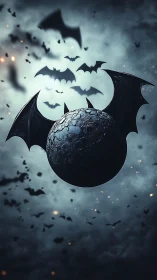 Winged cracked sphere floats among bats in dark sky