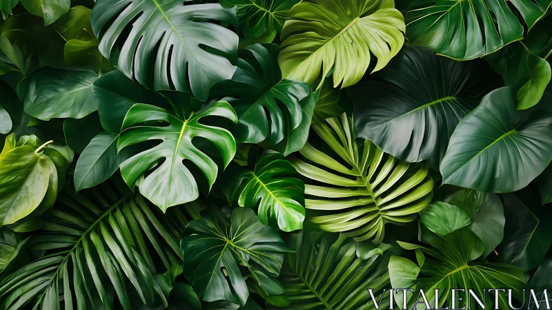Overlapping tropical foliage fills frame with dense green leaves