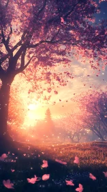 Backlit cherry blossom grove with volumetric petals in motion