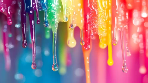 Glossy dripping rainbow paint with soft bokeh background.