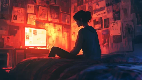 Solitary silhouette by glowing computer in red-lit room.