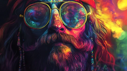 Psychedelic bearded man with reflective neon glasses.