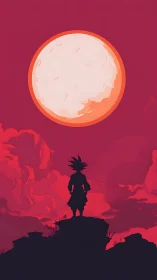Lone spiky haired hero calmly studies a bold crimson moon